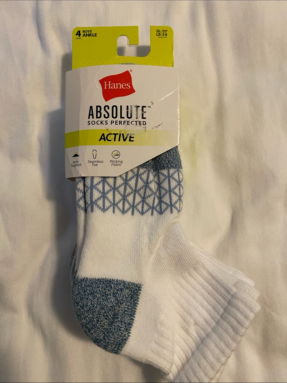 Hanes Absolute Active Boys' Ankle Socks — White with Blue Accents